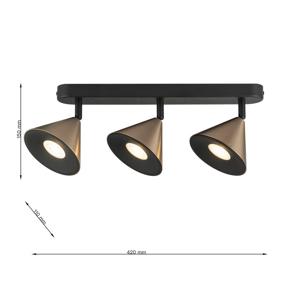 Tres Focos de Superficie con bombilla GU10 Bronce